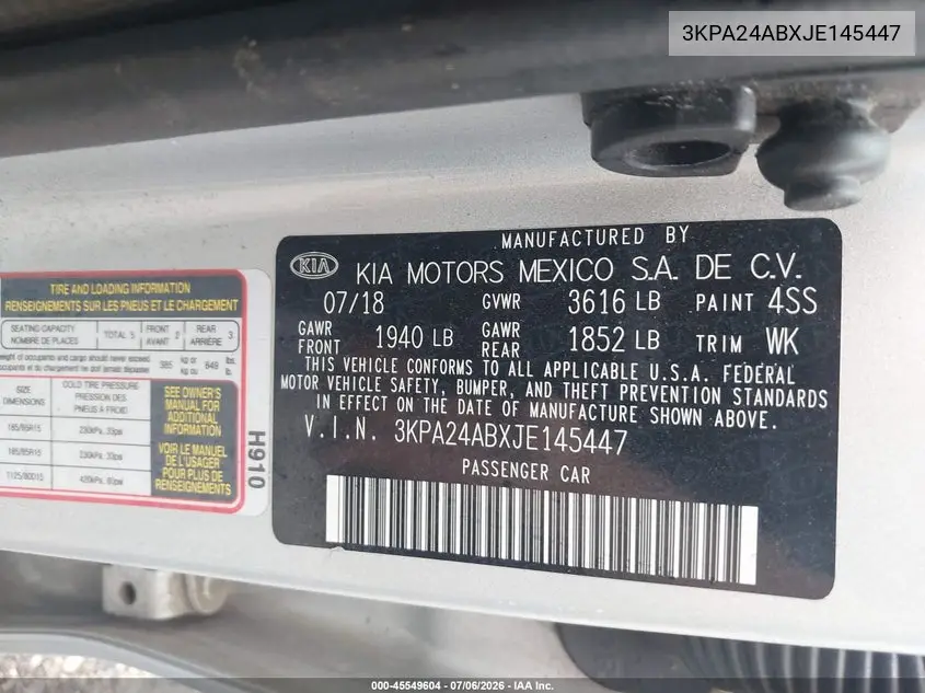 2018 Kia Rio S VIN: 3KPA24ABXJE145447 Lot: 45549604