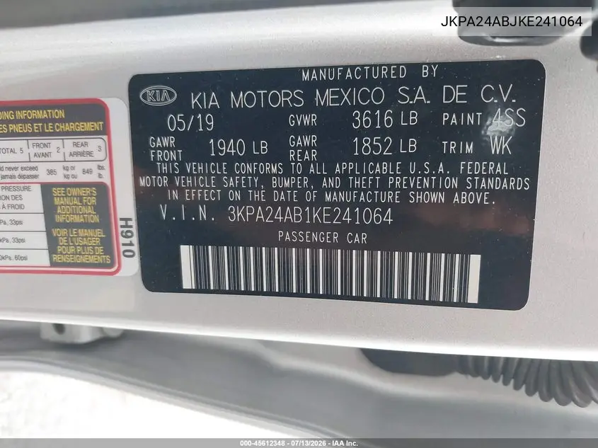 2019 Kia Rio VIN: JKPA24ABJKE241064 Lot: 45612348