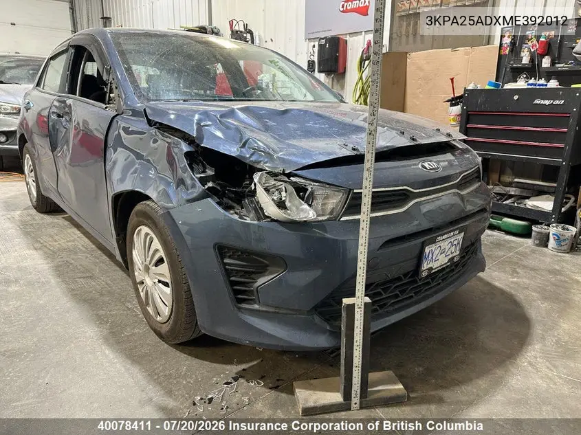 2021 Kia Rio VIN: 3KPA25ADXME392012 Lot: 40078411