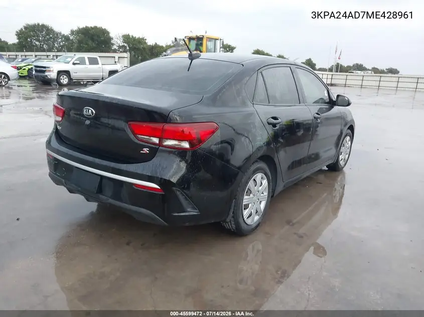 2021 Kia Rio S VIN: 3KPA24AD7ME428961 Lot: 45599472