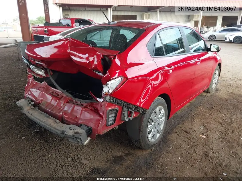 2021 Kia Rio S VIN: 3KPA24AD1ME403067 Lot: 45609372