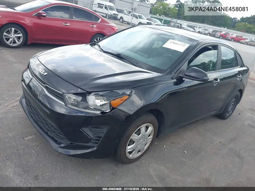 2022 Kia Rio S VIN: 3KPA24AD4NE458081 Lot: 45623449