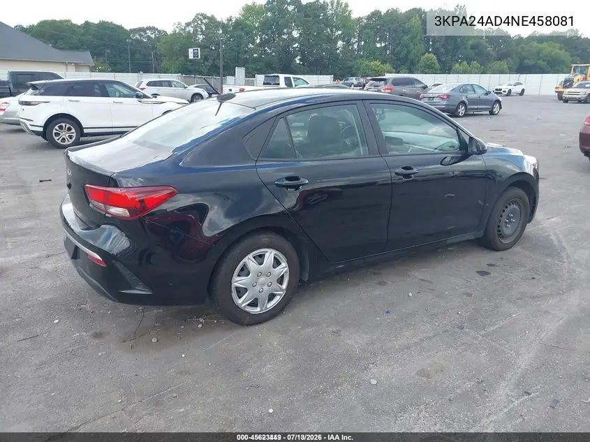 2022 Kia Rio S VIN: 3KPA24AD4NE458081 Lot: 45623449