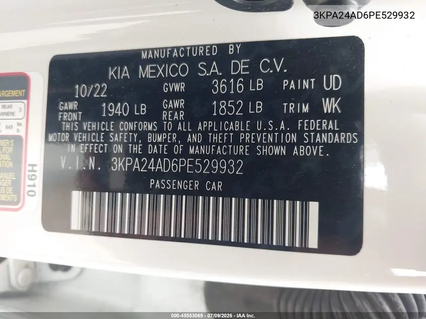 2023 Kia Rio S VIN: 3KPA24AD6PE529932 Lot: 45553069