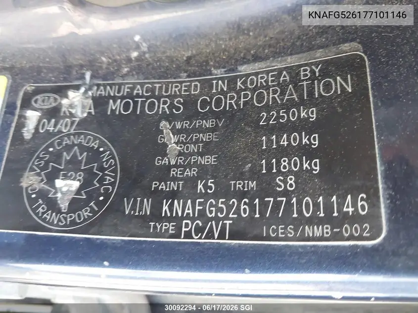 2007 Kia Rondo Lx/Ex VIN: KNAFG526177101146 Lot: 30092294