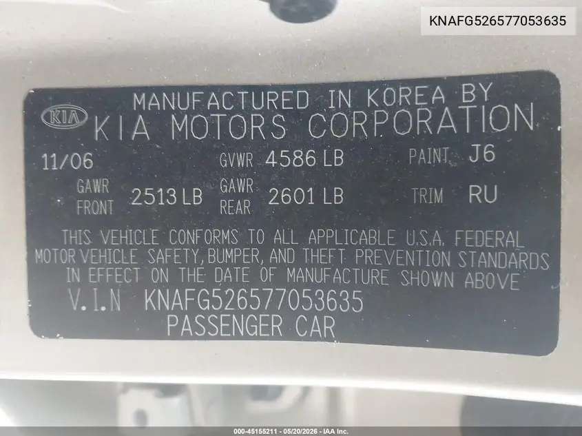 2007 Kia Rondo Ex V6 VIN: KNAFG526577053635 Lot: 45155211