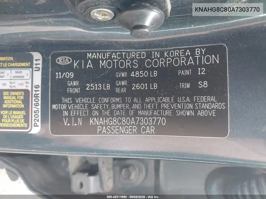 2010 Kia Rondo Lx VIN: KNAHG8C80A7303770 Lot: 45311690