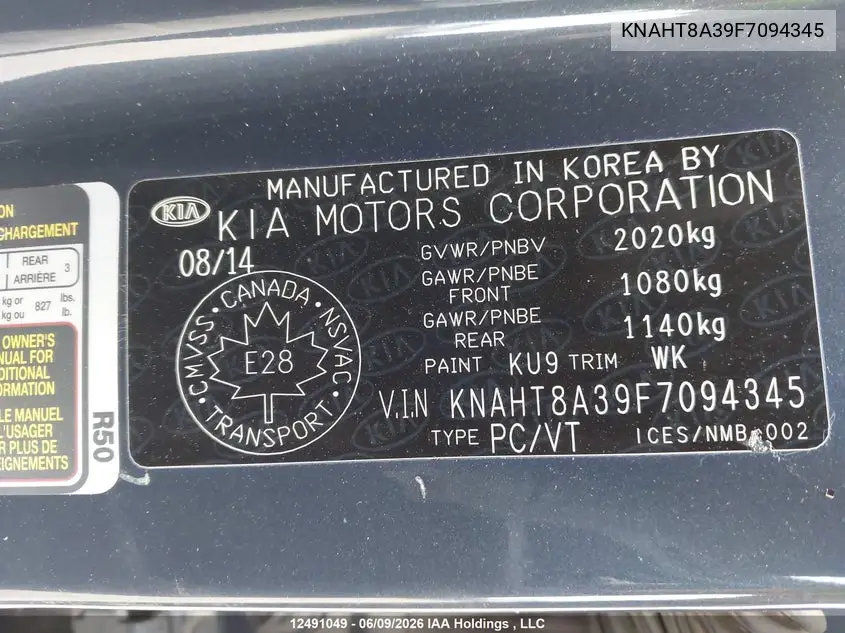 2015 Kia Rondo Lx/Lx Value/Lx Winter Edition VIN: KNAHT8A39F7094345 Lot: 12491049