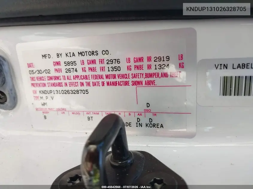 2002 Kia Sedona Ex/Lx VIN: KNDUP131026328705 Lot: 45542568