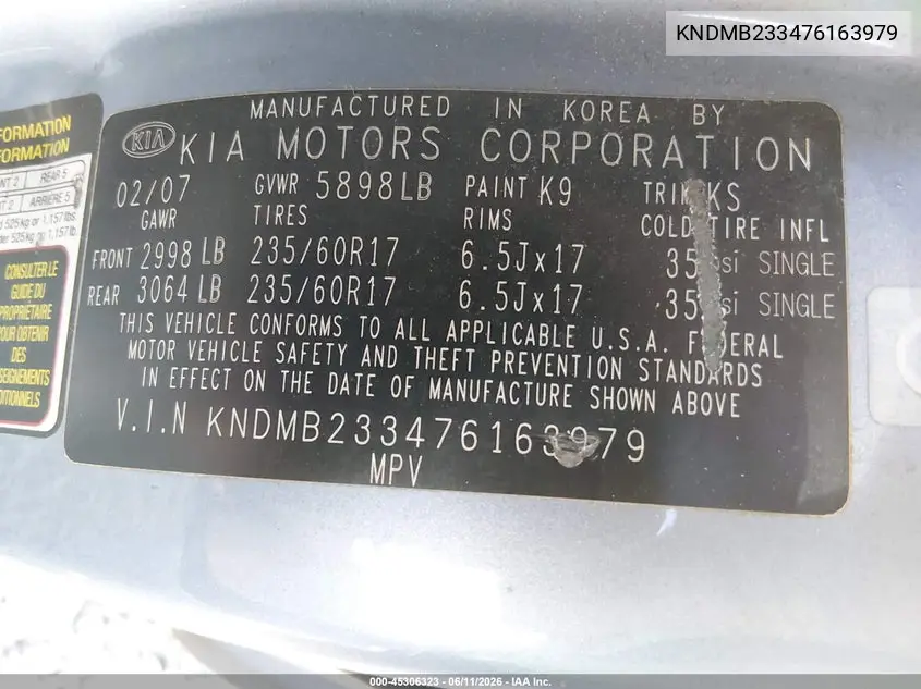 2007 Kia Sedona Ex VIN: KNDMB233476163979 Lot: 45306323