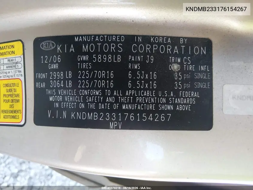 2007 Kia Sedona Lx VIN: KNDMB233176154267 Lot: 45378316