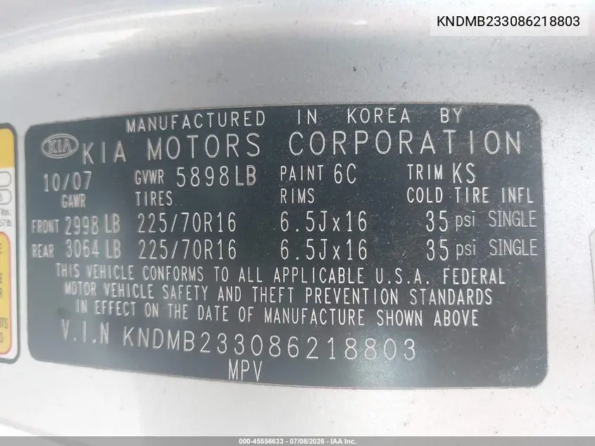 2008 Kia Sedona Lx VIN: KNDMB233086218803 Lot: 45556633