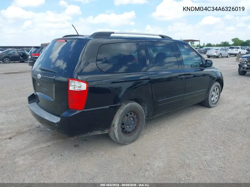 2010 Kia Sedona Lx VIN: KNDMG4C34A6326019 Lot: 45322638