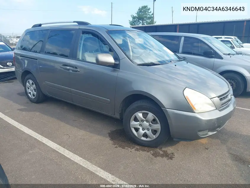 2010 Kia Sedona Lx VIN: KNDMG4C34A6346643 Lot: 45513529