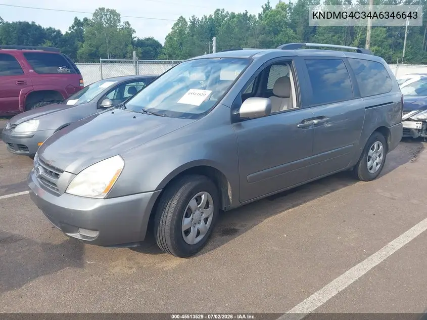 2010 Kia Sedona Lx VIN: KNDMG4C34A6346643 Lot: 45513529