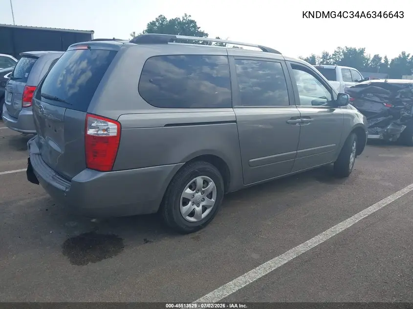 2010 Kia Sedona Lx VIN: KNDMG4C34A6346643 Lot: 45513529
