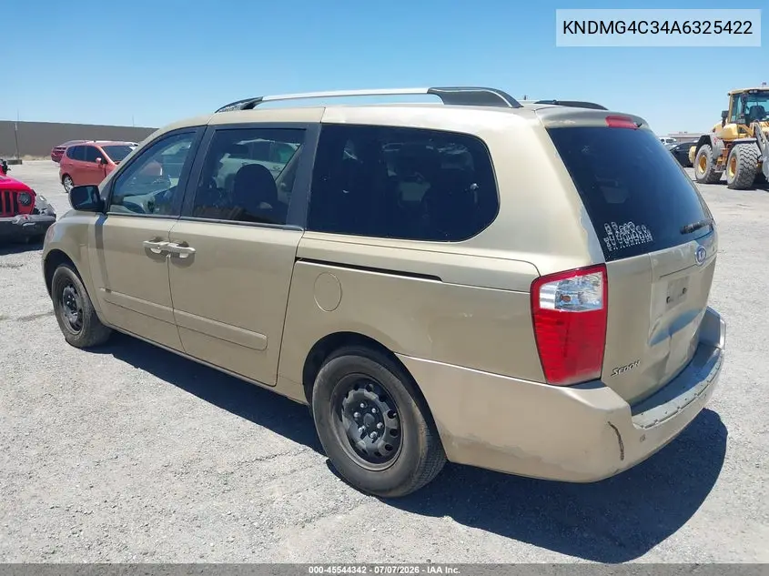 2010 Kia Sedona Lx VIN: KNDMG4C34A6325422 Lot: 45544342