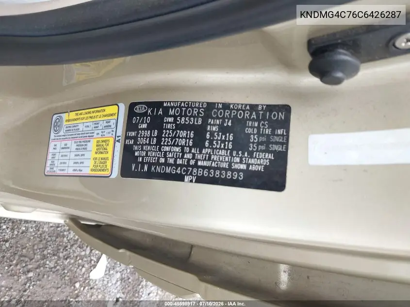 2012 Kia Sedona Lx VIN: KNDMG4C76C6426287 Lot: 45598917