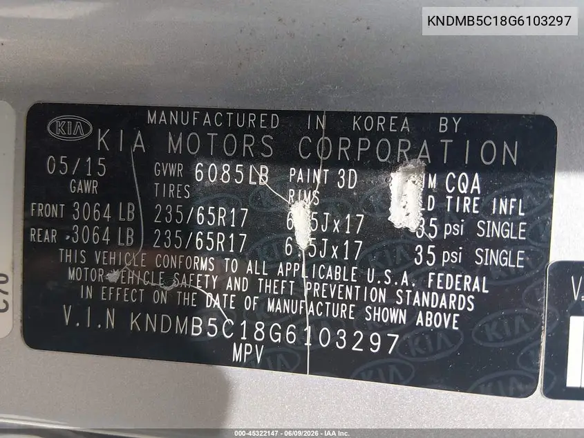 2016 Kia Sedona Lx VIN: KNDMB5C18G6103297 Lot: 45322147
