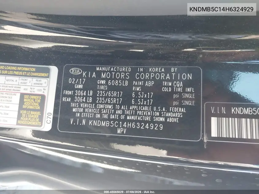 2017 Kia Sedona Lx VIN: KNDMB5C14H6324929 Lot: 45565029