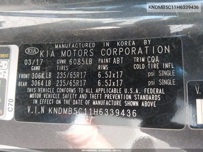2017 Kia Sedona Lx VIN: KNDMB5C11H6339436 Lot: 45569896