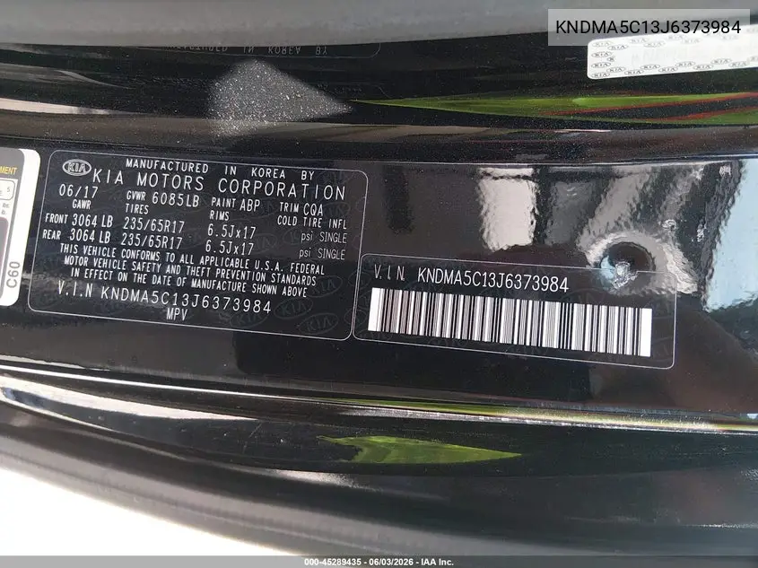 2018 Kia Sedona L VIN: KNDMA5C13J6373984 Lot: 45289435