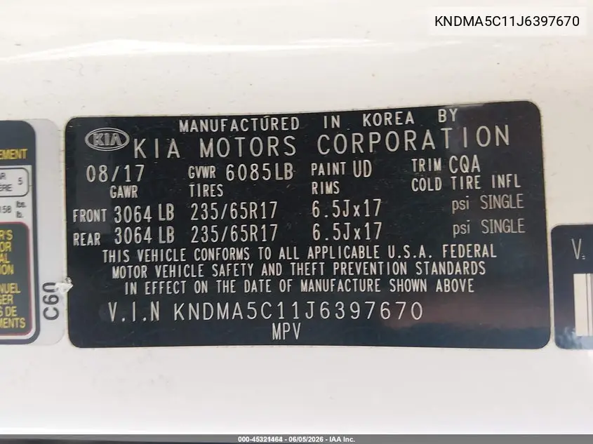 2018 Kia Sedona L VIN: KNDMA5C11J6397670 Lot: 45321464