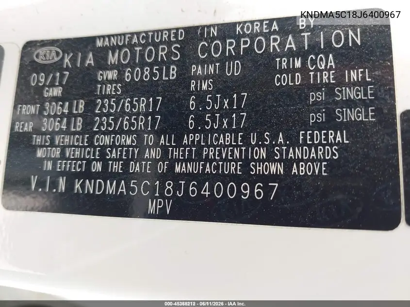 2018 Kia Sedona L VIN: KNDMA5C18J6400967 Lot: 45368212