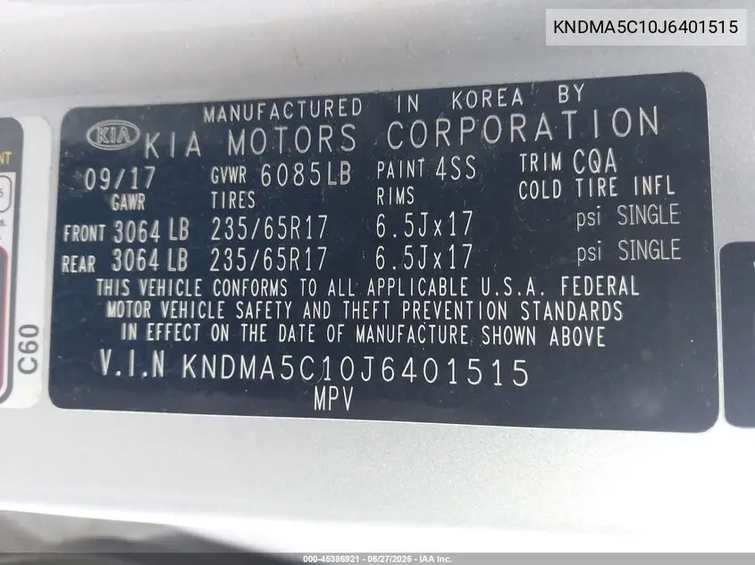 2018 Kia Sedona L VIN: KNDMA5C10J6401515 Lot: 45386921