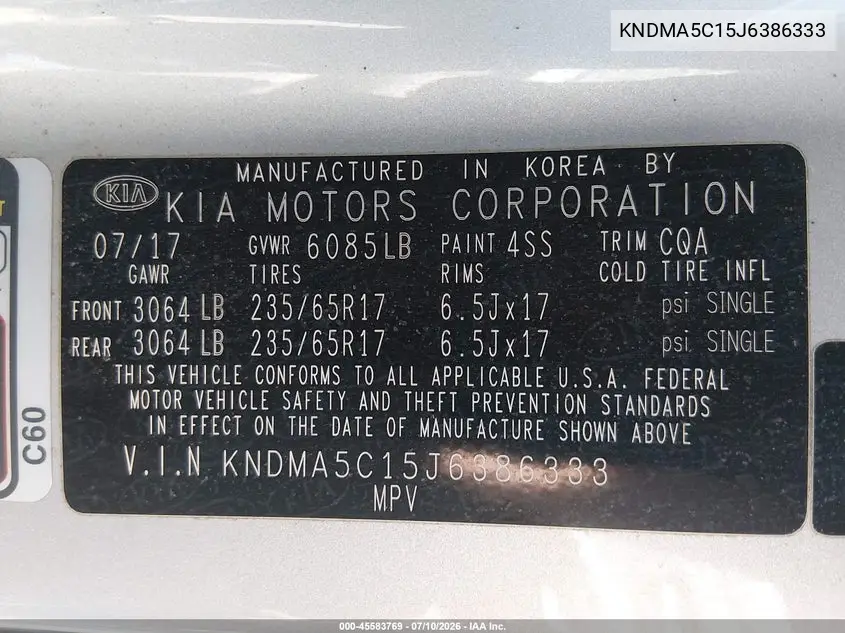 2018 Kia Sedona L VIN: KNDMA5C15J6386333 Lot: 45583769