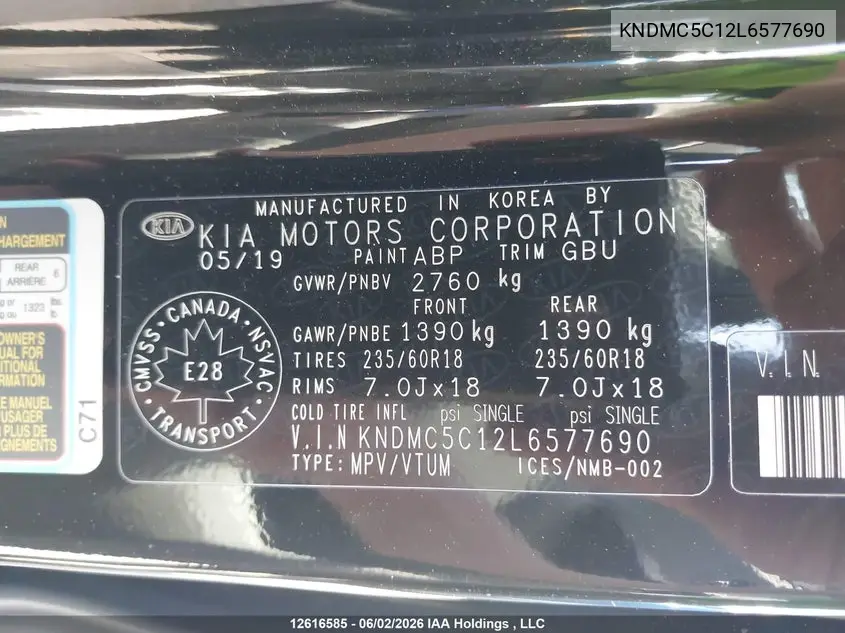 2020 Kia Sedona Ex/Sx VIN: KNDMC5C12L6577690 Lot: 12616585