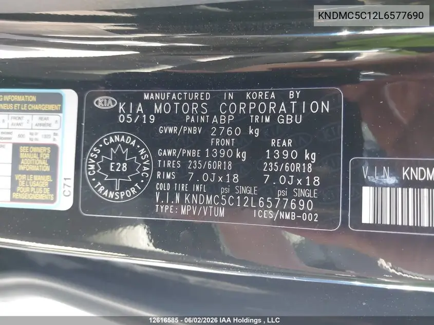 2020 Kia Sedona Ex/Sx VIN: KNDMC5C12L6577690 Lot: 12616585