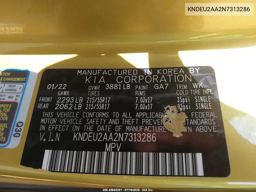 2022 Kia Seltos S VIN: KNDEU2AA2N7313286 Lot: 45645261