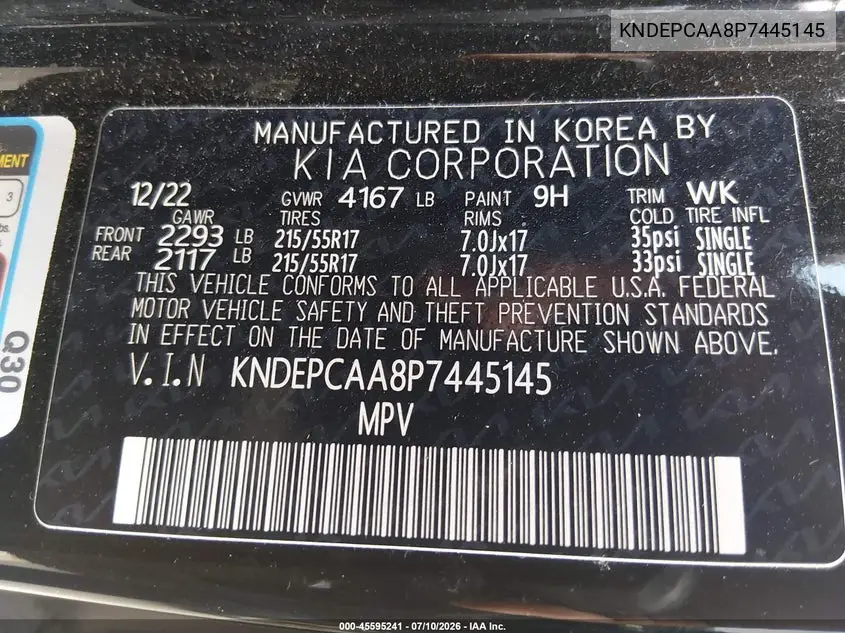 2023 Kia Seltos Lx VIN: KNDEPCAA8P7445145 Lot: 45595241