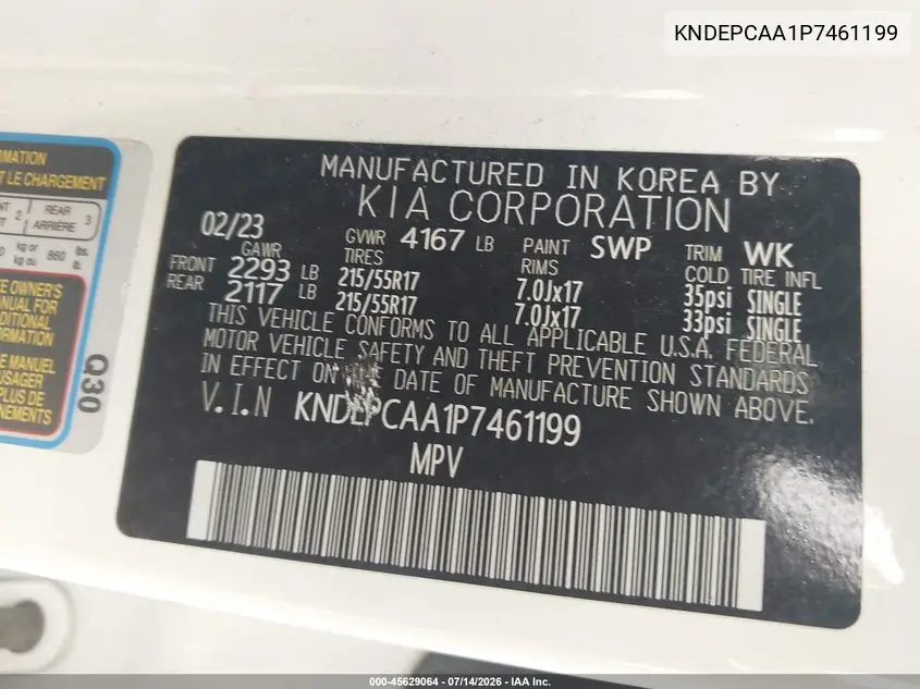 2023 Kia Seltos Lx VIN: KNDEPCAA1P7461199 Lot: 45629064