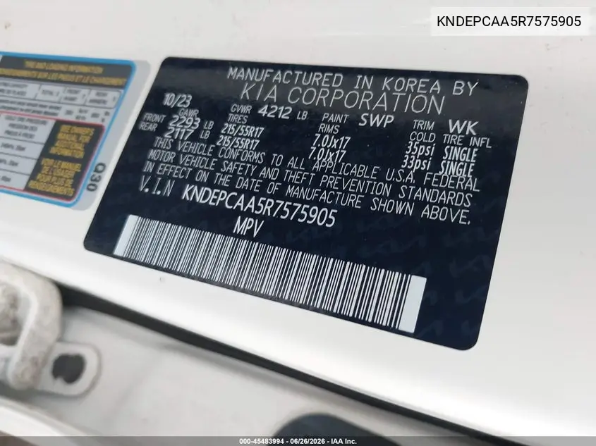 2024 Kia Seltos Lx VIN: KNDEPCAA5R7575905 Lot: 45483994