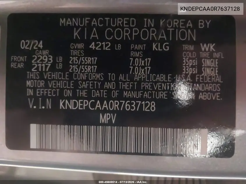 2024 Kia Seltos Lx VIN: KNDEPCAA0R7637128 Lot: 45608514