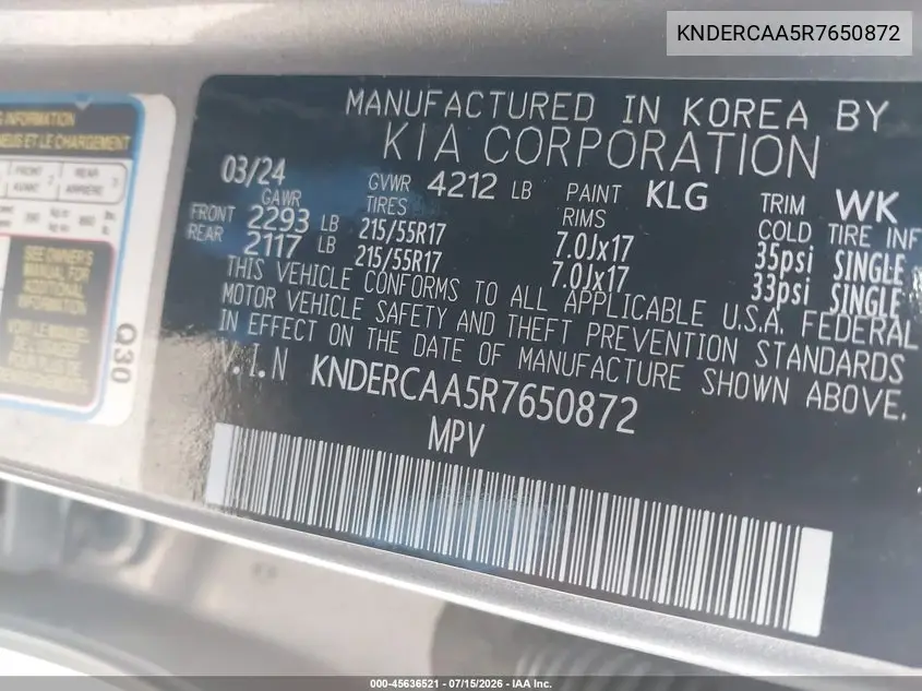 2024 Kia Seltos Ex VIN: KNDERCAA5R7650872 Lot: 45636521