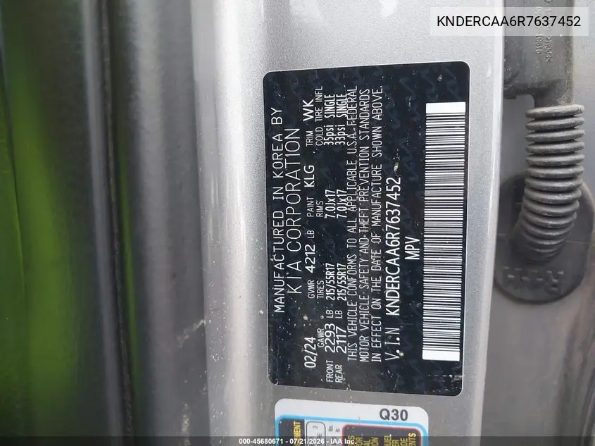 2024 Kia Seltos Ex VIN: KNDERCAA6R7637452 Lot: 45680671