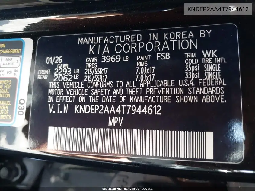 2026 Kia Seltos Lx VIN: KNDEP2AA4T7944612 Lot: 45635799