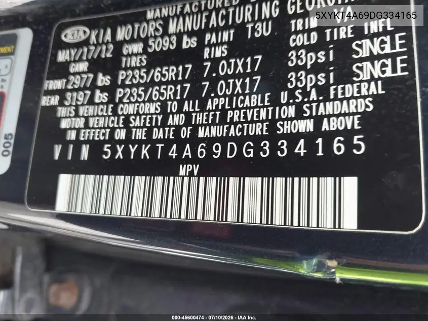 2013 Kia Sorento Lx VIN: 5XYKT4A69DG334165 Lot: 45600474