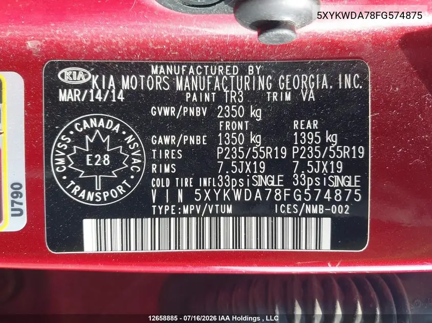 2015 Kia Sorento Sx VIN: 5XYKWDA78FG574875 Lot: 12658885