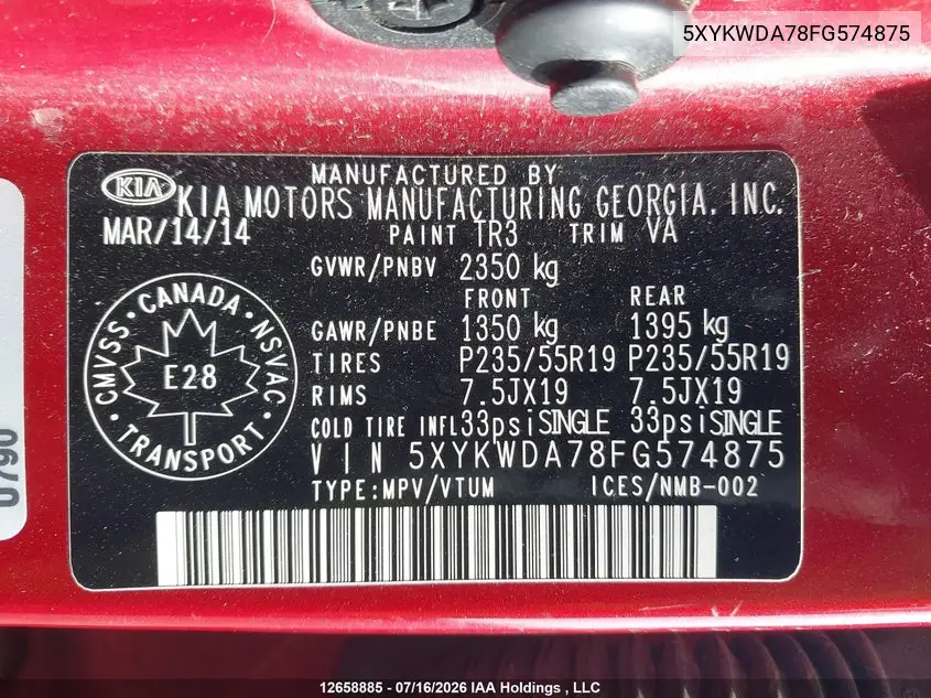 2015 Kia Sorento Sx VIN: 5XYKWDA78FG574875 Lot: 12658885