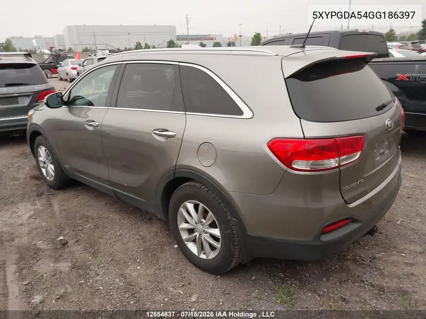2016 Kia Sorento 3.3L Lx + VIN: 5XYPGDA54GG186397 Lot: 12654837
