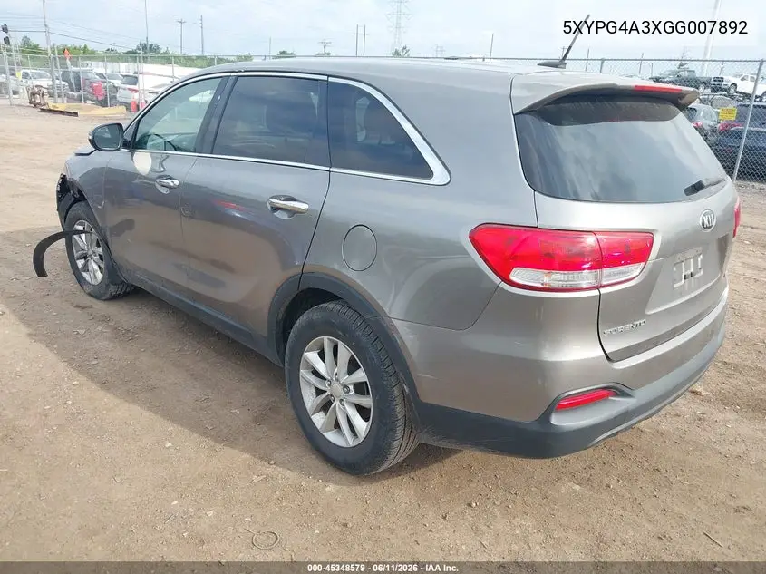 2016 Kia Sorento 2.4L L VIN: 5XYPG4A3XGG007892 Lot: 45348579