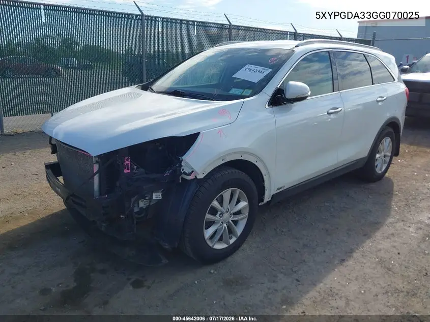 2016 Kia Sorento 2.4L Lx VIN: 5XYPGDA33GG070025 Lot: 45642006