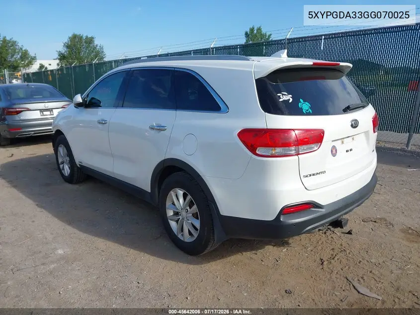 2016 Kia Sorento 2.4L Lx VIN: 5XYPGDA33GG070025 Lot: 45642006
