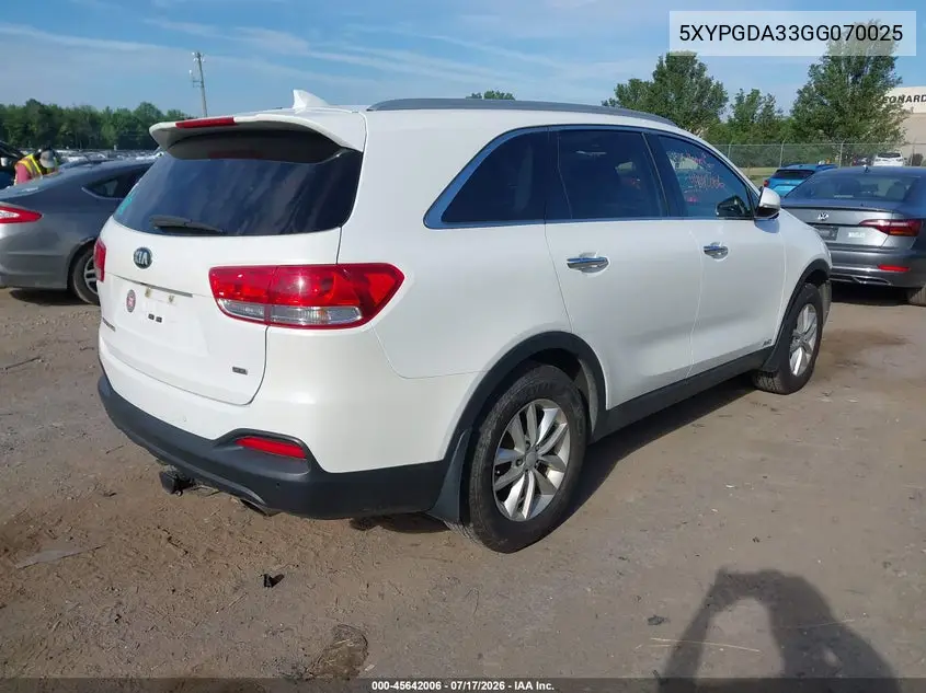2016 Kia Sorento 2.4L Lx VIN: 5XYPGDA33GG070025 Lot: 45642006