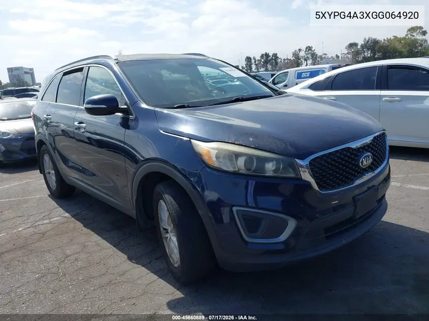 2016 Kia Sorento 2.4L Lx VIN: 5XYPG4A3XGG064920 Lot: 45660889