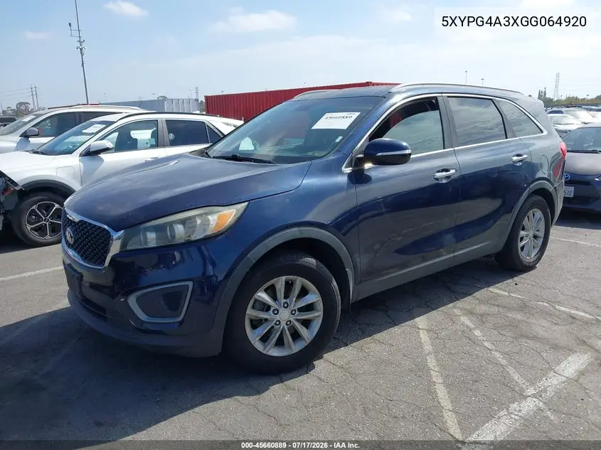 2016 Kia Sorento 2.4L Lx VIN: 5XYPG4A3XGG064920 Lot: 45660889